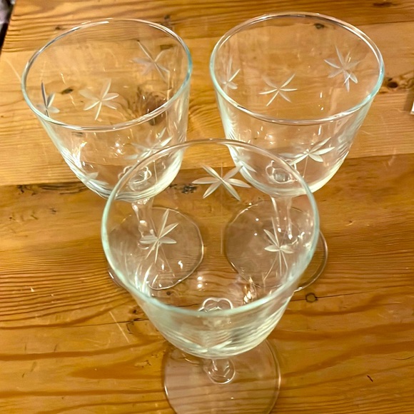 Three Large Etched Starburst Wine Glasses